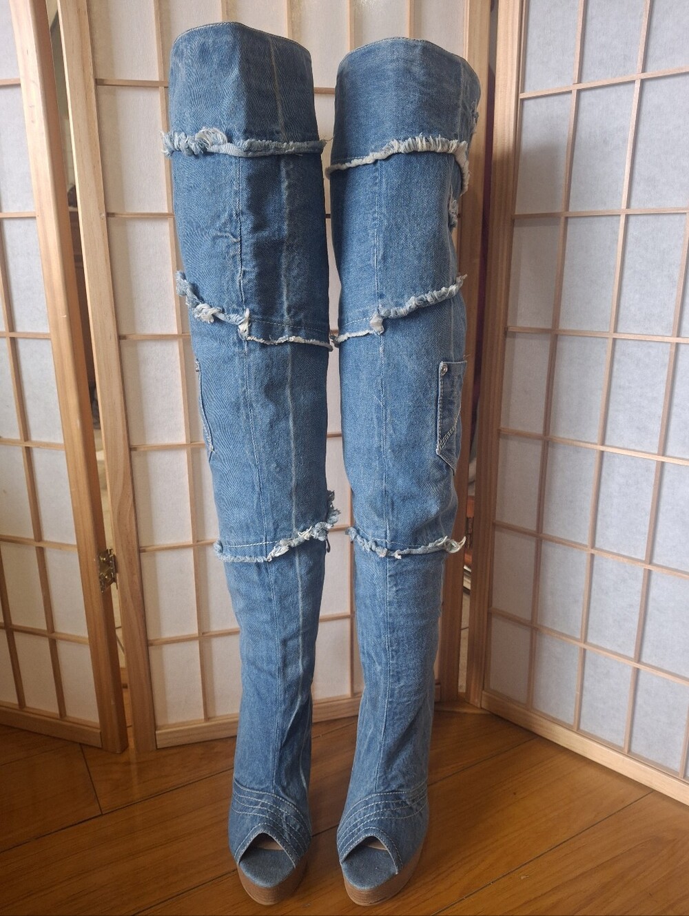 Denim Over-the-Knee Peep-Toe Denim Boots
